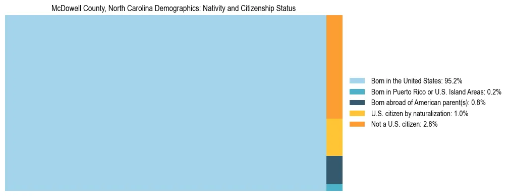 Treemap showing the population distribution by nativity and citizenship status in McDowell County, North Carolina based on U.S. Census data.