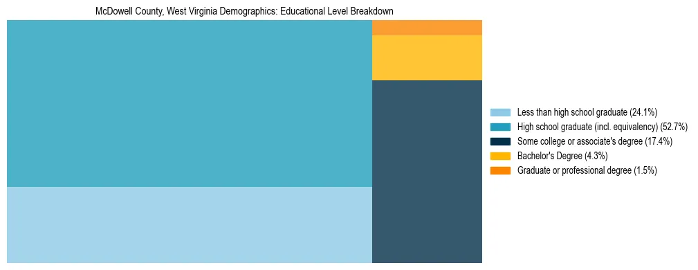 Treemap chart illustrating the educational attainment breakdown for population 25 years and over in McDowell County, West Virginia.