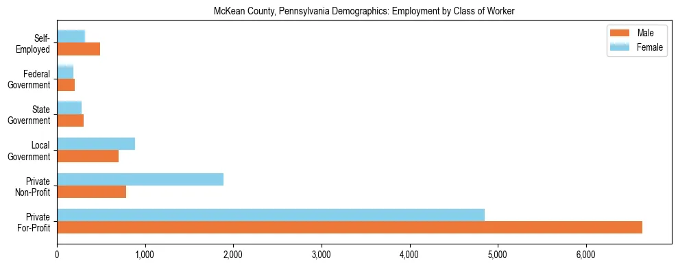 Horizontal bar chart showing employment distribution by class of worker and gender in McKean County, Pennsylvania, based on 2023 ACS data.