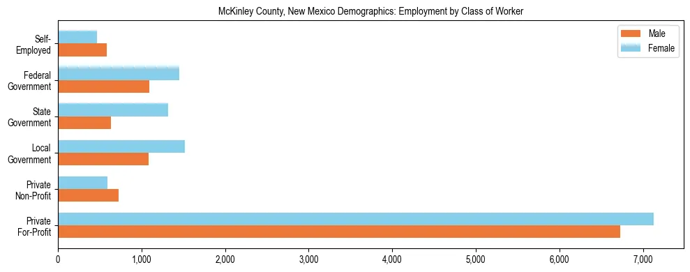 Horizontal bar chart showing employment distribution by class of worker and gender in McKinley County, New Mexico, based on 2023 ACS data.