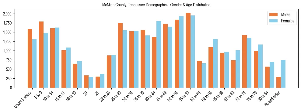 Bar chart showing the population distribution of McMinn County, Tennessee by age group and gender, based on 2023 ACS data.