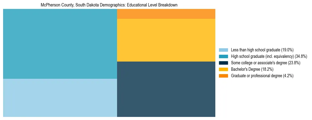 Treemap chart illustrating the educational attainment breakdown for population 25 years and over in McPherson County, South Dakota.