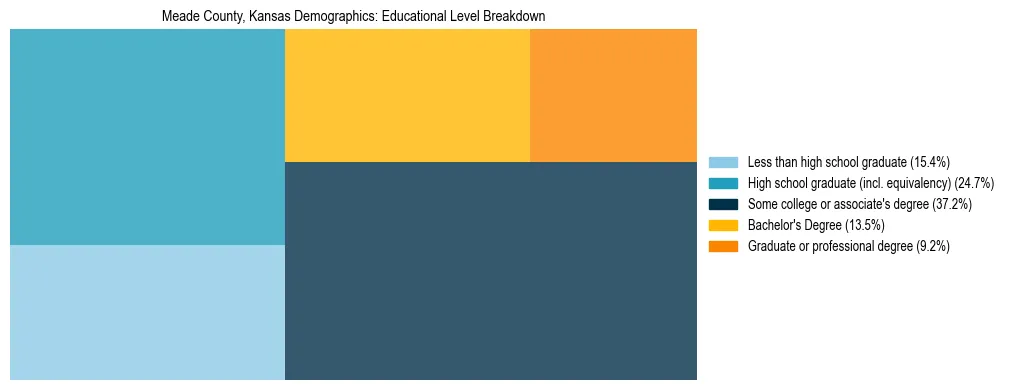 Treemap chart illustrating the educational attainment breakdown for population 25 years and over in Meade County, Kansas.