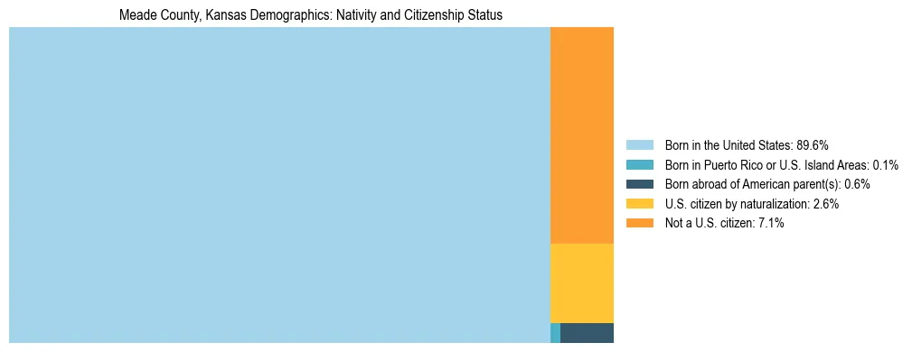 Treemap showing the population distribution by nativity and citizenship status in Meade County, Kansas based on U.S. Census data.