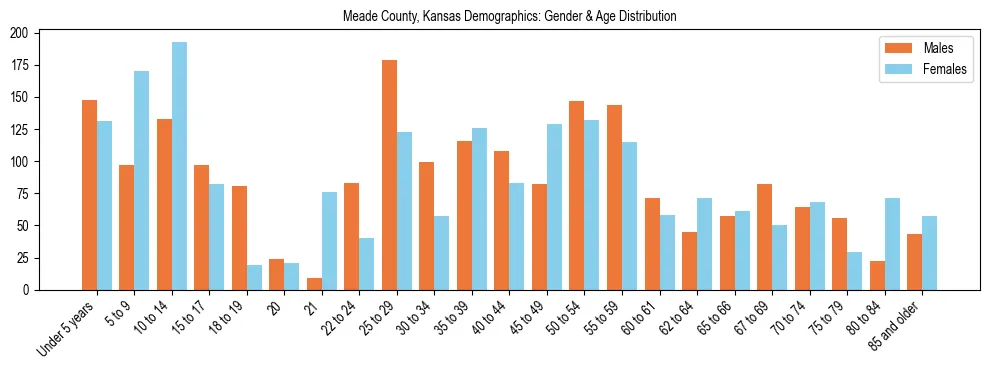 Bar chart showing the population distribution of Meade County, Kansas by age group and gender, based on 2023 ACS data.