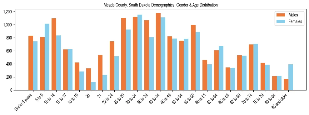 Bar chart showing the population distribution of Meade County, South Dakota by age group and gender, based on 2023 ACS data.