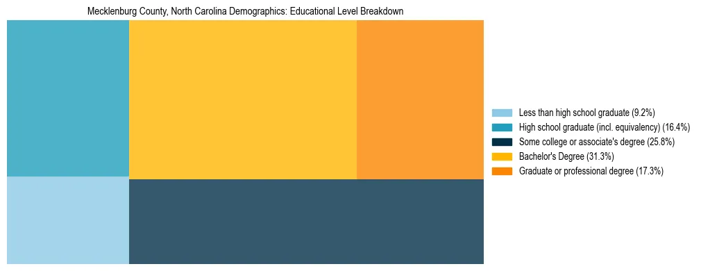 Treemap chart illustrating the educational attainment breakdown for population 25 years and over in Mecklenburg County, North Carolina.