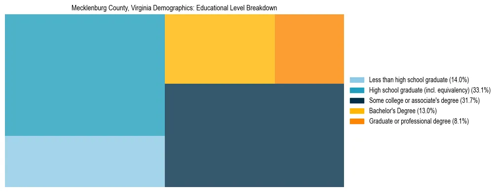 Treemap chart illustrating the educational attainment breakdown for population 25 years and over in Mecklenburg County, Virginia.