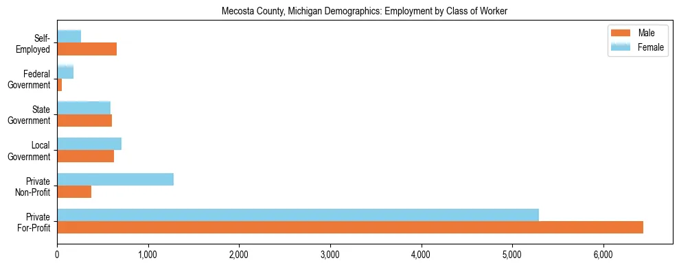 Horizontal bar chart showing employment distribution by class of worker and gender in Mecosta County, Michigan, based on 2023 ACS data.