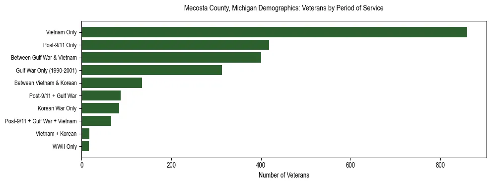 Horizontal bar chart showing veteran distribution by period of military service in Mecosta County, Michigan, based on 2023 ACS data.