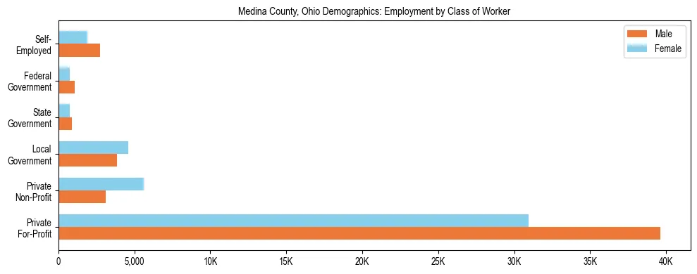 Horizontal bar chart showing employment distribution by class of worker and gender in Medina County, Ohio, based on 2023 ACS data.