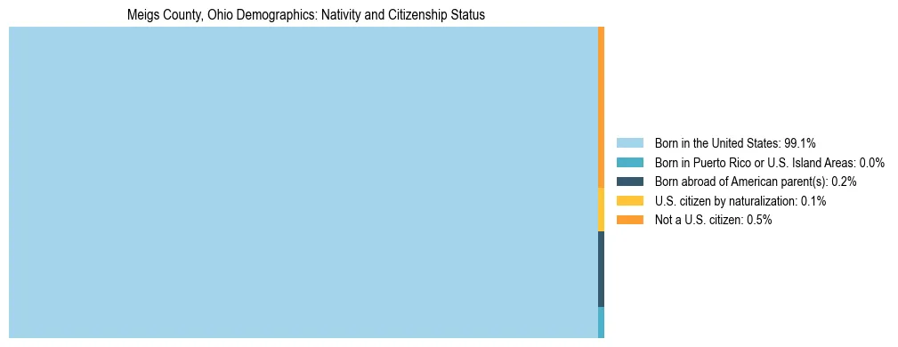 Treemap showing the population distribution by nativity and citizenship status in Meigs County, Ohio based on U.S. Census data.