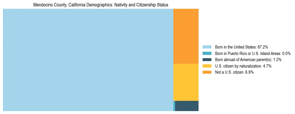 Treemap showing the population distribution by nativity and citizenship status in Mendocino County, California based on U.S. Census data.