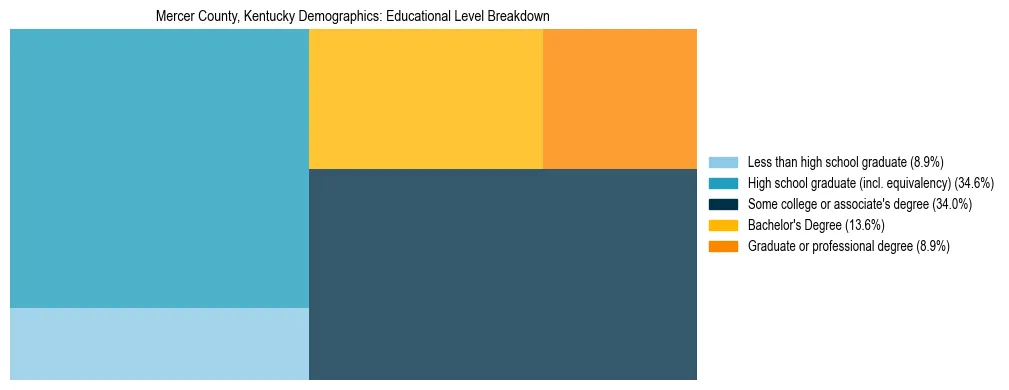 Treemap chart illustrating the educational attainment breakdown for population 25 years and over in Mercer County, Kentucky.