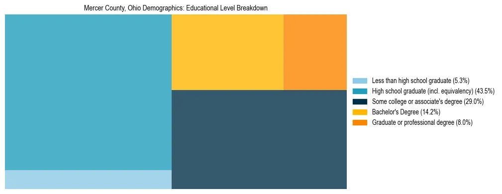 Treemap chart illustrating the educational attainment breakdown for population 25 years and over in Mercer County, Ohio.