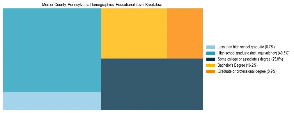 Treemap chart illustrating the educational attainment breakdown for population 25 years and over in Mercer County, Pennsylvania.