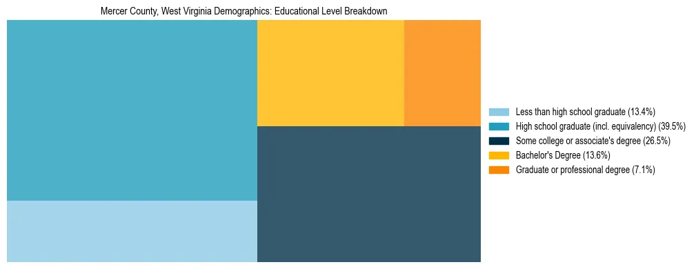 Treemap chart illustrating the educational attainment breakdown for population 25 years and over in Mercer County, West Virginia.