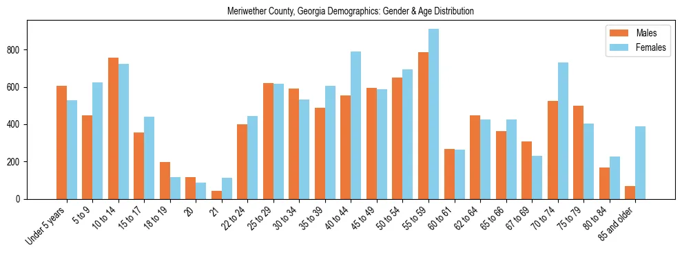 Bar chart showing the population distribution of Meriwether County, Georgia by age group and gender, based on 2023 ACS data.