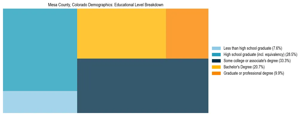 Treemap chart illustrating the educational attainment breakdown for population 25 years and over in Mesa County, Colorado.