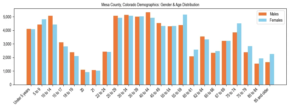 Bar chart showing the population distribution of Mesa County, Colorado by age group and gender, based on 2023 ACS data.