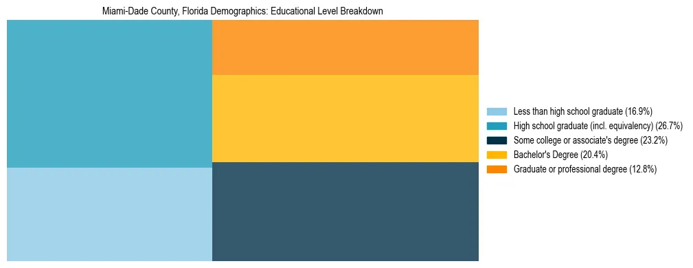 Treemap chart illustrating the educational attainment breakdown for population 25 years and over in Miami-Dade County, Florida.