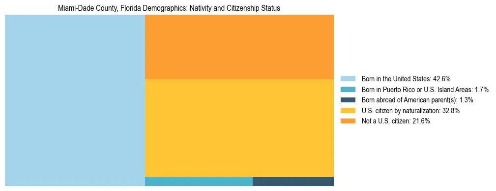 Treemap showing the population distribution by nativity and citizenship status in Miami-Dade County, Florida based on U.S. Census data.