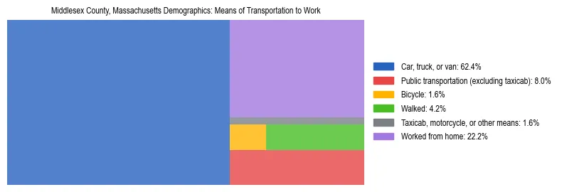 Treemap showing means of transportation to work distribution in Middlesex County, Massachusetts.