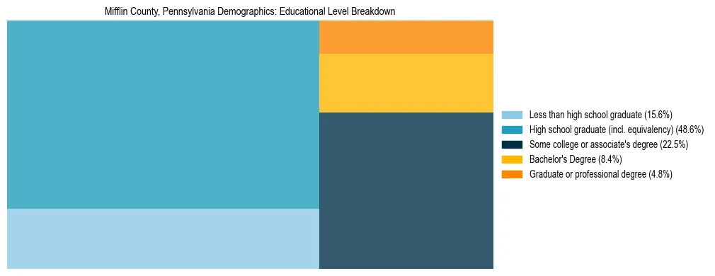 Treemap chart illustrating the educational attainment breakdown for population 25 years and over in Mifflin County, Pennsylvania.