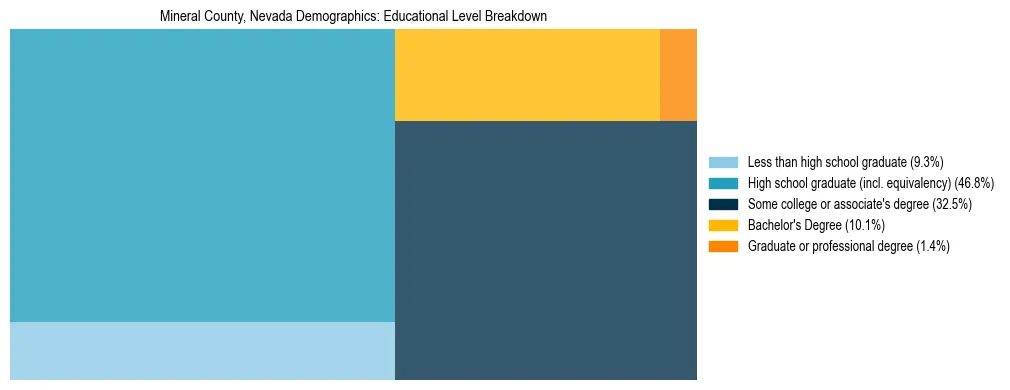 Treemap chart illustrating the educational attainment breakdown for population 25 years and over in Mineral County, Nevada.