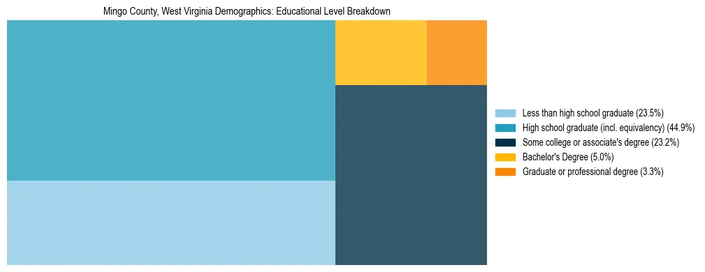 Treemap chart illustrating the educational attainment breakdown for population 25 years and over in Mingo County, West Virginia.
