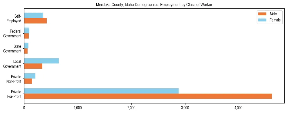 Horizontal bar chart showing employment distribution by class of worker and gender in Minidoka County, Idaho, based on 2023 ACS data.