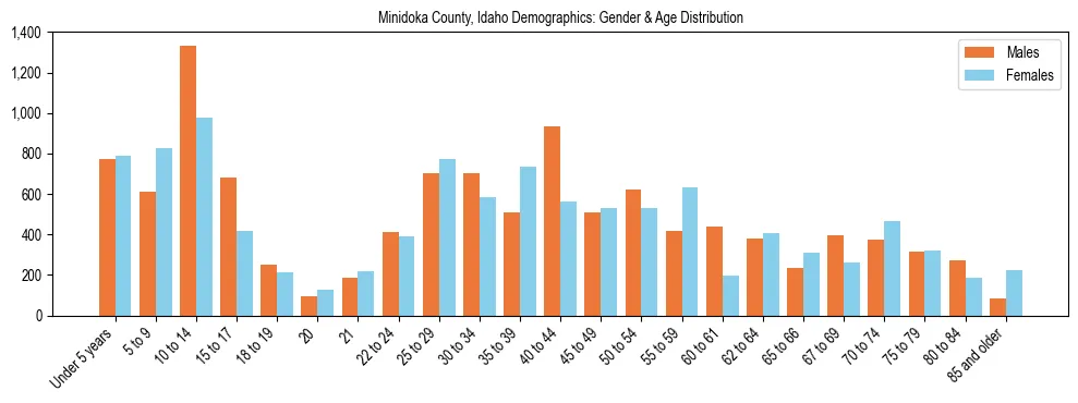Bar chart showing the population distribution of Minidoka County, Idaho by age group and gender, based on 2023 ACS data.