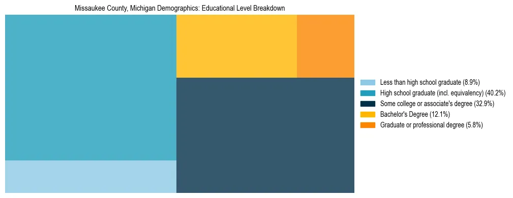 Treemap chart illustrating the educational attainment breakdown for population 25 years and over in Missaukee County, Michigan.