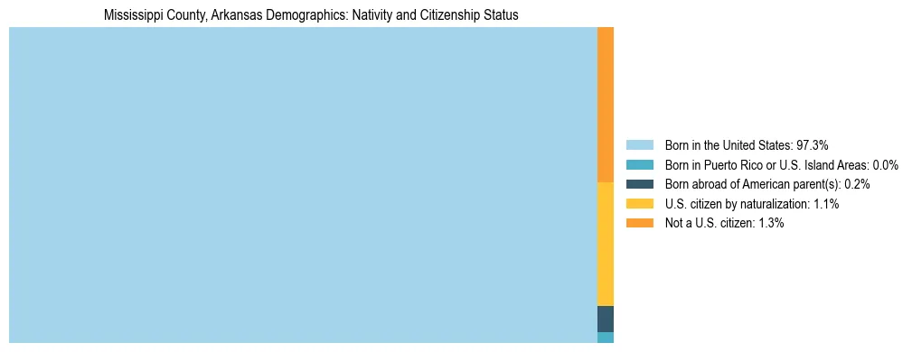 Treemap showing the population distribution by nativity and citizenship status in Mississippi County, Arkansas based on U.S. Census data.