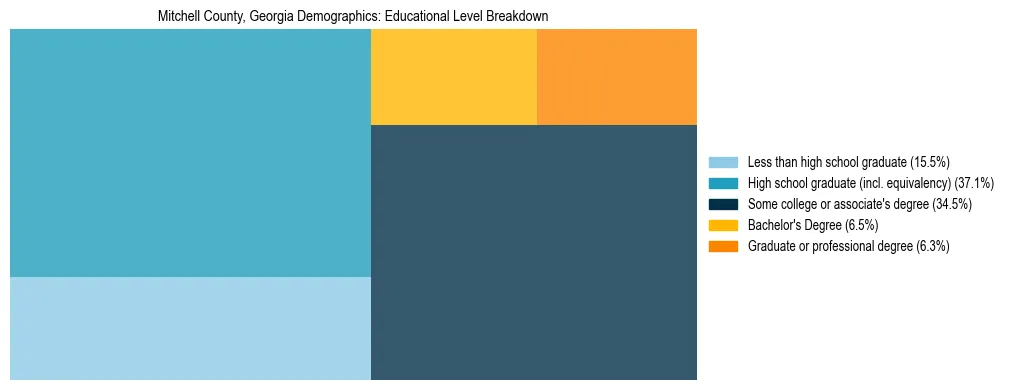 Treemap chart illustrating the educational attainment breakdown for population 25 years and over in Mitchell County, Georgia.