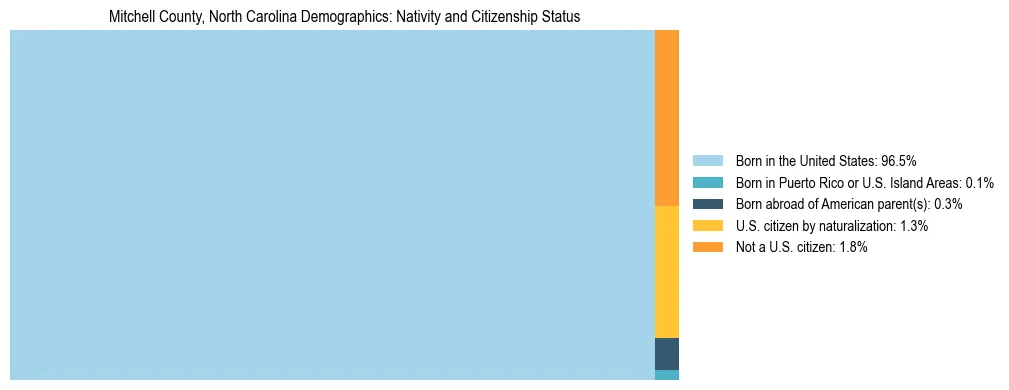 Treemap showing the population distribution by nativity and citizenship status in Mitchell County, North Carolina based on U.S. Census data.