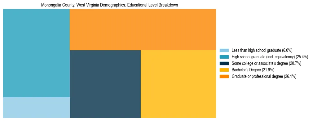 Treemap chart illustrating the educational attainment breakdown for population 25 years and over in Monongalia County, West Virginia.