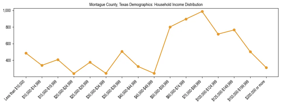 Horizontal bar chart showing household income distribution in Montague County, Texas.