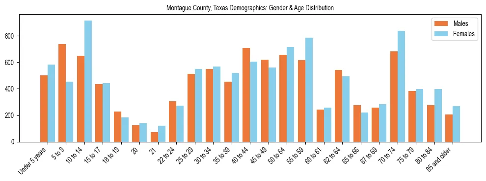 Bar chart showing the population distribution of Montague County, Texas by age group and gender, based on 2023 ACS data.