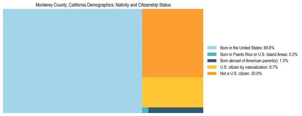 Treemap showing the population distribution by nativity and citizenship status in Monterey County, California based on U.S. Census data.