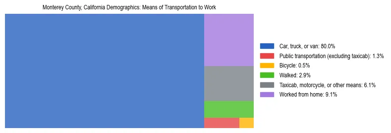 Treemap showing means of transportation to work distribution in Monterey County, California.