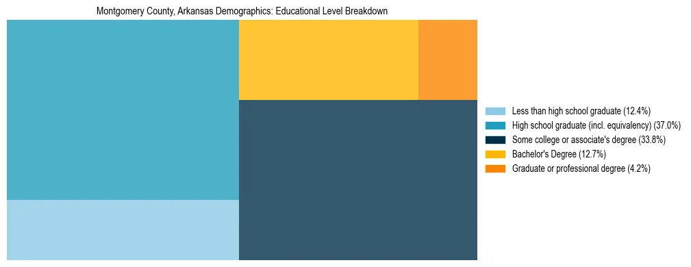 Treemap chart illustrating the educational attainment breakdown for population 25 years and over in Montgomery County, Arkansas.
