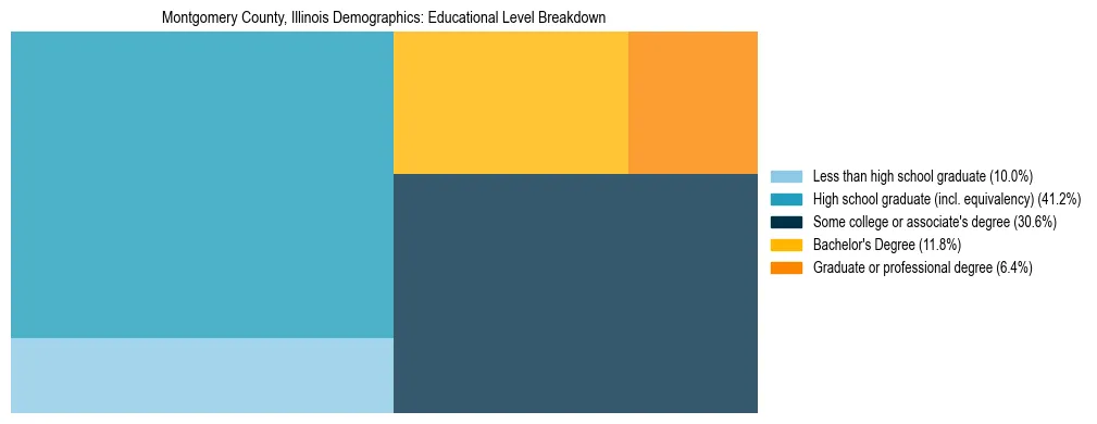 Treemap chart illustrating the educational attainment breakdown for population 25 years and over in Montgomery County, Illinois.