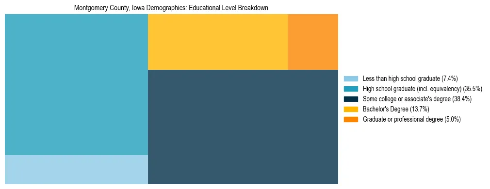 Treemap chart illustrating the educational attainment breakdown for population 25 years and over in Montgomery County, Iowa.
