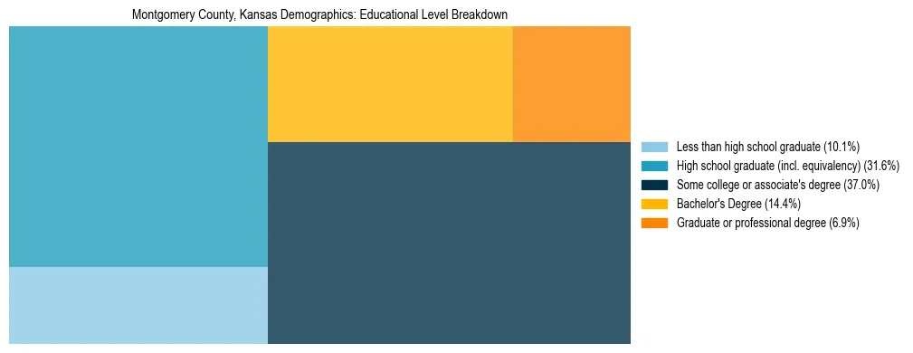Treemap chart illustrating the educational attainment breakdown for population 25 years and over in Montgomery County, Kansas.