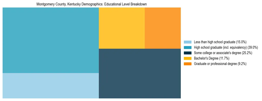 Treemap chart illustrating the educational attainment breakdown for population 25 years and over in Montgomery County, Kentucky.