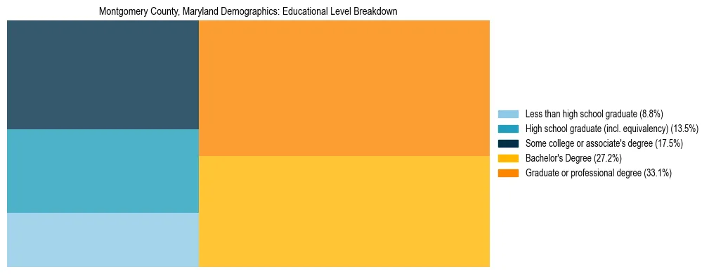 Treemap chart illustrating the educational attainment breakdown for population 25 years and over in Montgomery County, Maryland.