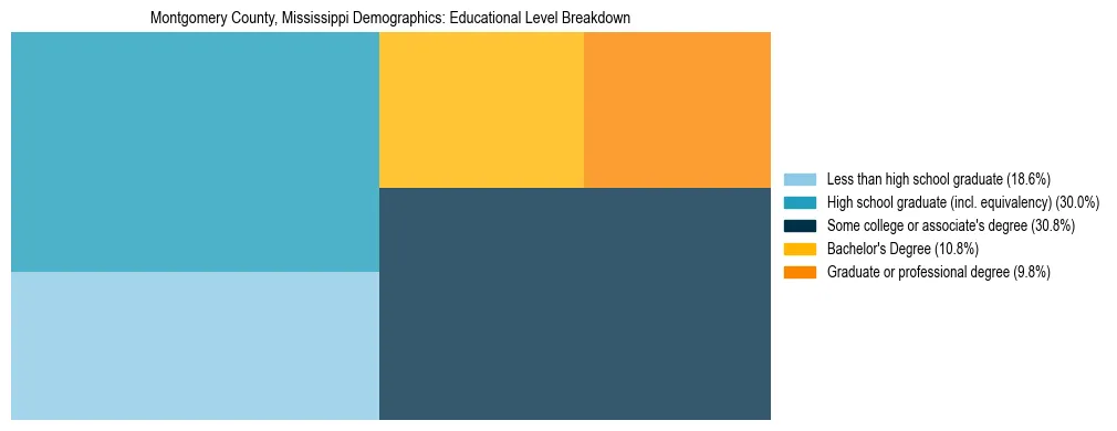 Treemap chart illustrating the educational attainment breakdown for population 25 years and over in Montgomery County, Mississippi.