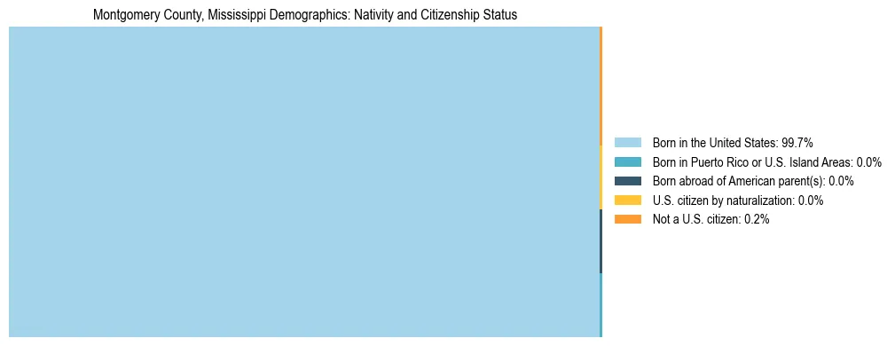 Treemap showing the population distribution by nativity and citizenship status in Montgomery County, Mississippi based on U.S. Census data.