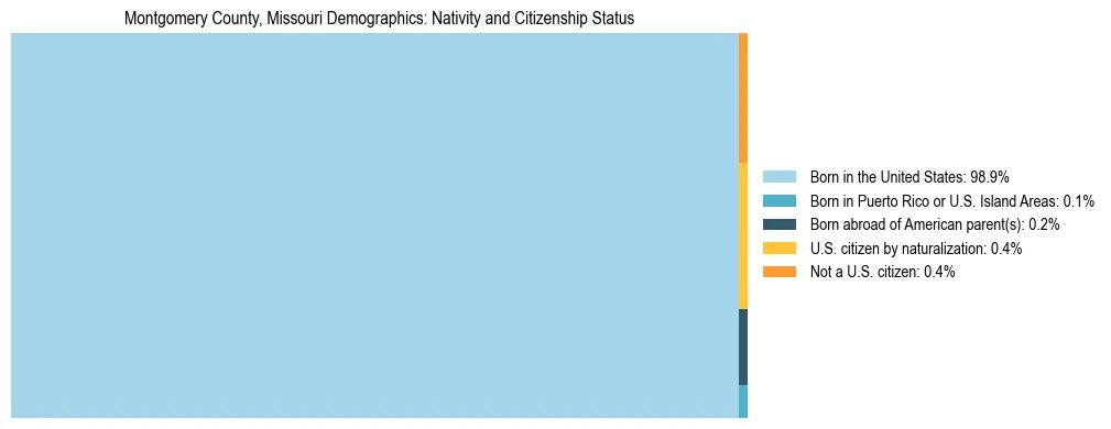 Treemap showing the population distribution by nativity and citizenship status in Montgomery County, Missouri based on U.S. Census data.